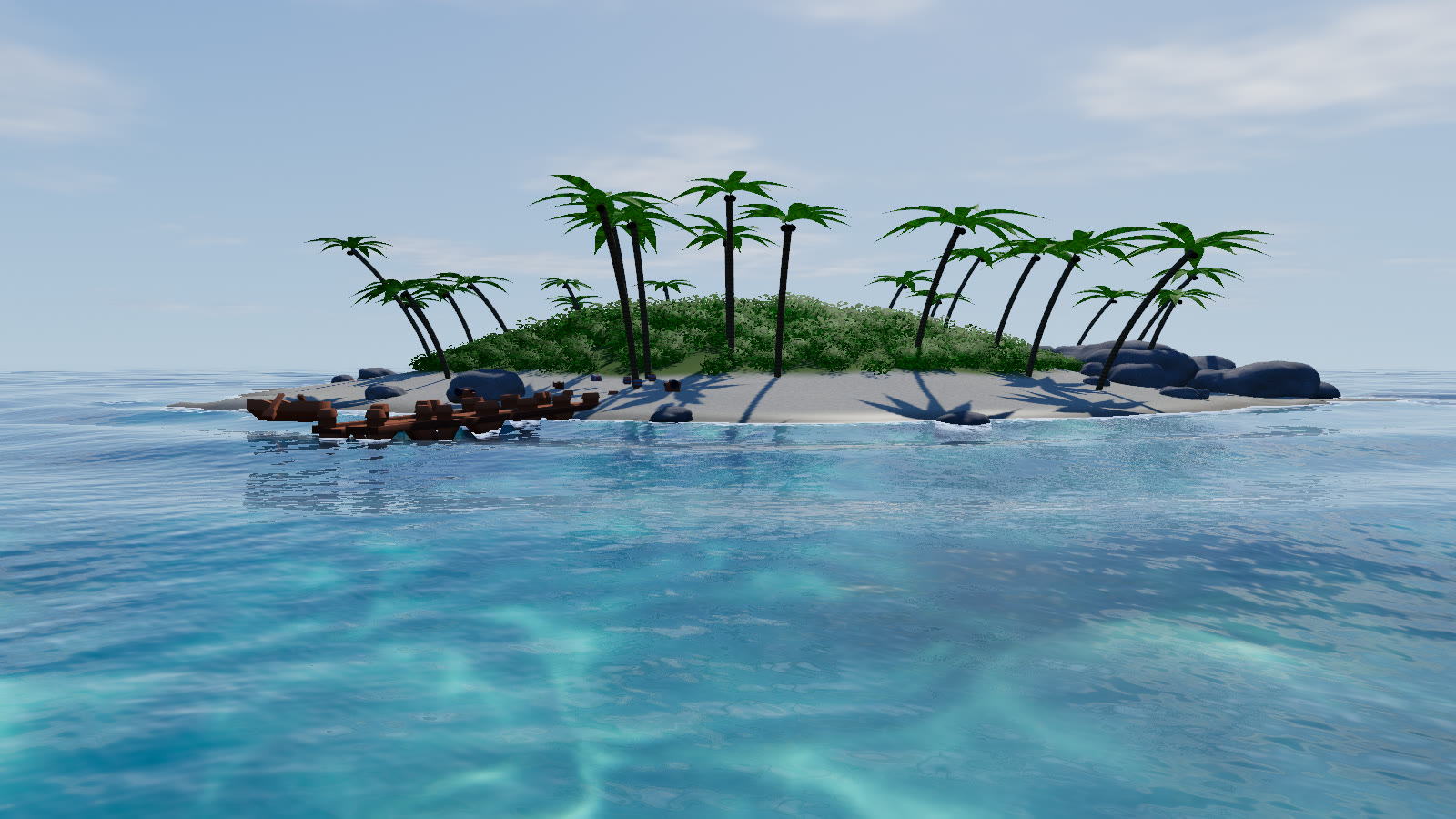The demo island's beach with a baked bathymetry: breakers, swash foam and the reef shelf seen through the water.